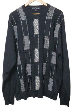 Vintage Stacy Adams Men's Black Gray Wool Blend Geometric Pattern Sweater Sz XXL